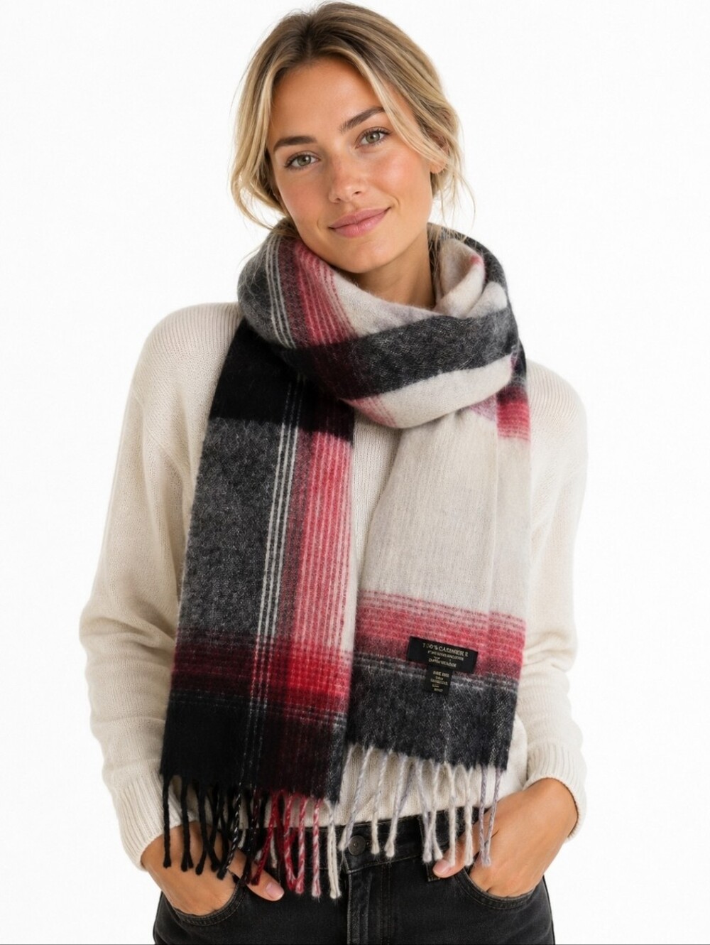 Charter Club 100% Cashmere Plaid Fringe Scarf - Black, Red, Grey, Cream